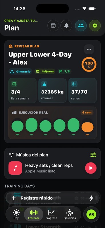 StreakReps - Plan activo y cumplimiento real