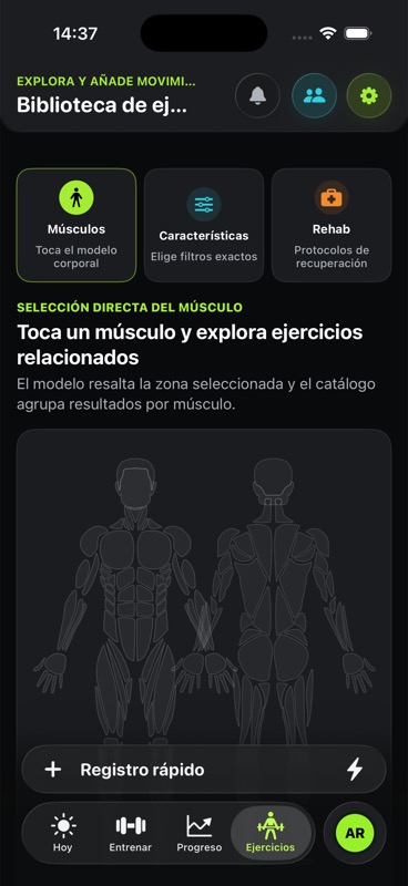 StreakReps - Mapa muscular y biblioteca de ejercicios