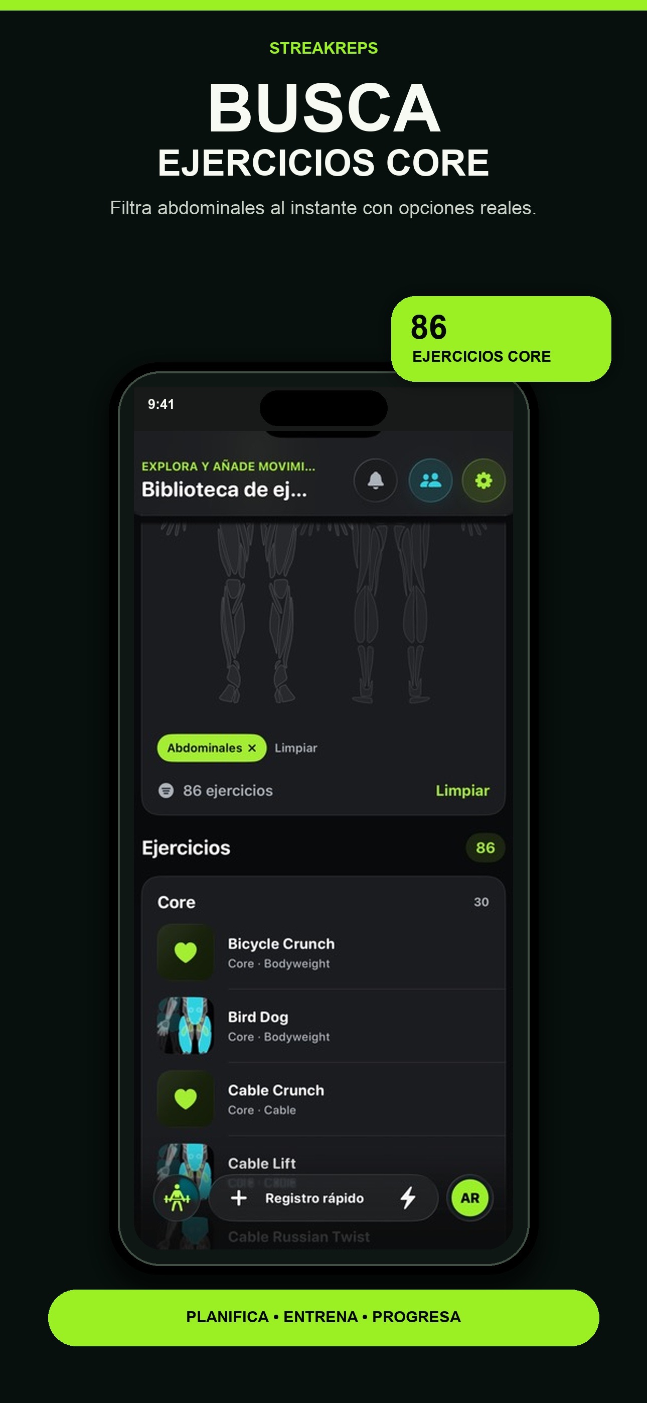 StreakReps - Encuentra ejercicios core y tus rutinas